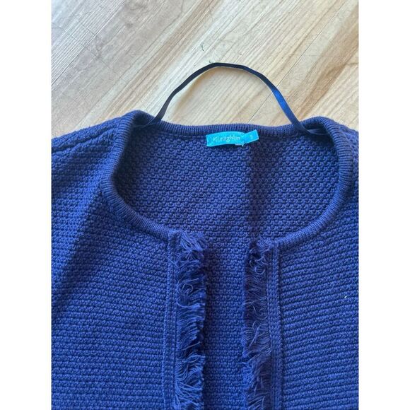 J. McLaughlin Bright Navy Open Front Mayfair Cardigan w Fringe Trim - Picture 3 of 8